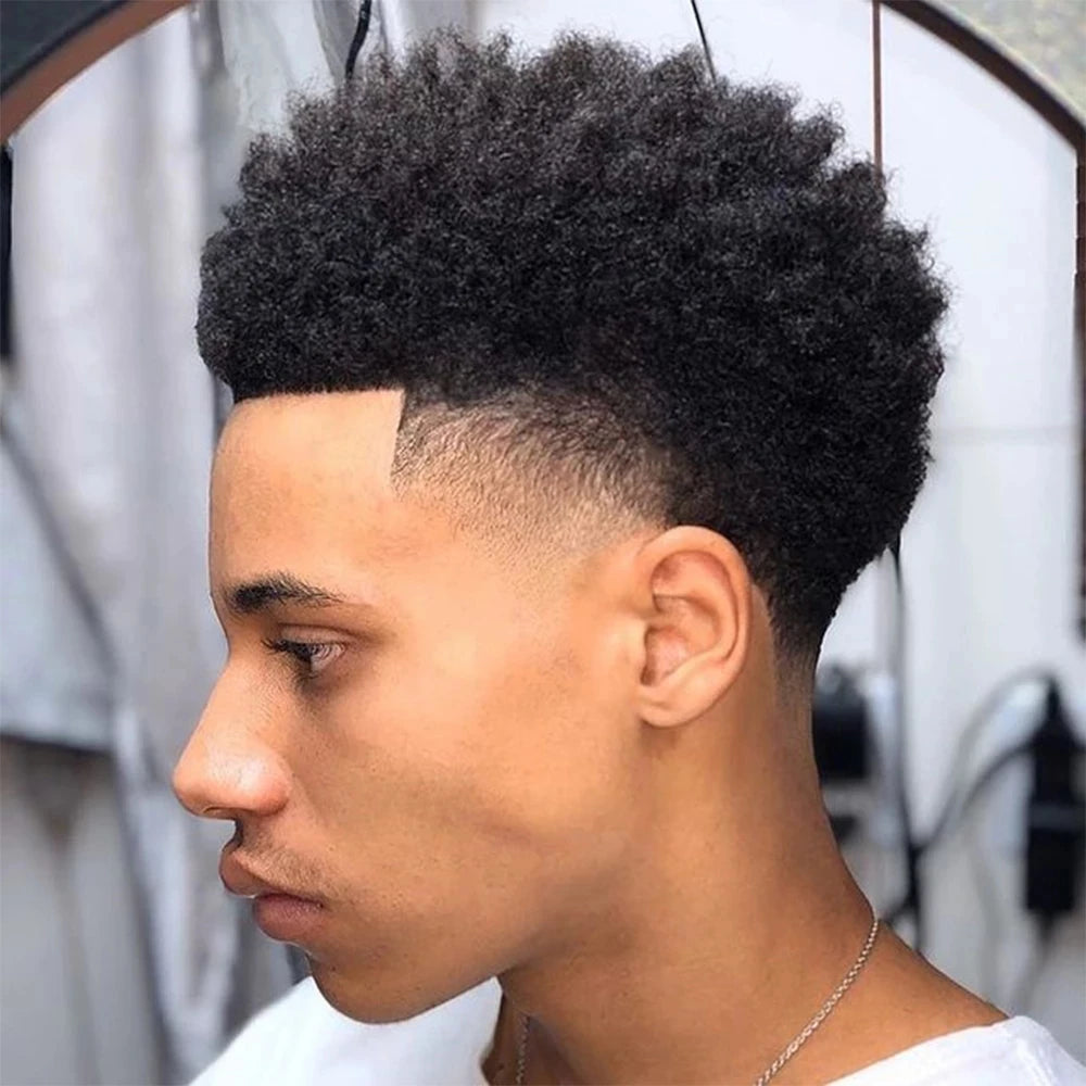Invisible Lace&PU Australia Base 6mm Afro Kinky Curly African American Men's Toupee Jet Black Durable 100% Human Hair System