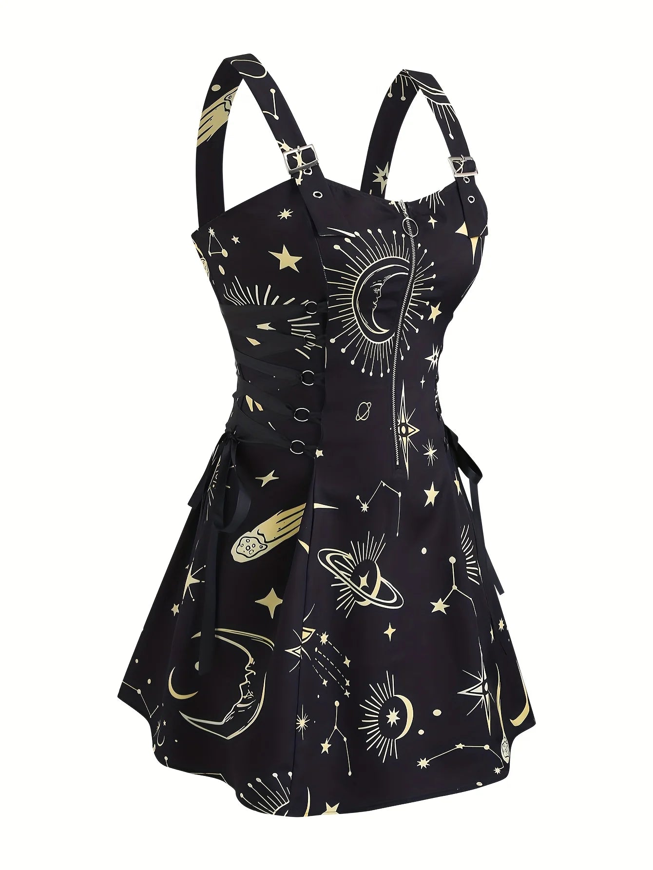 European and American trend oversized ladies slimming shoulder strap zipper full print skull pattern dress