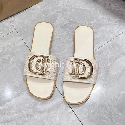 Women Luxury Decor Weave Design Flat Sandals Fashion Open-toe Vacation Casual Slides Party Sexy Elegant Office-Ladies New Shoes