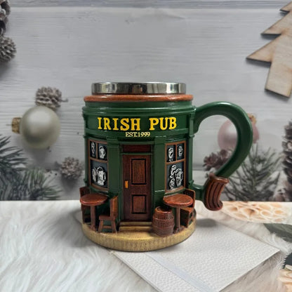 3D Pattern Irish Pub Stainless Steel Mug Home Bar Resin Crafts Ornaments Beer Mug Coffee Cup Drinking Utensils Xmas Holiday Gift