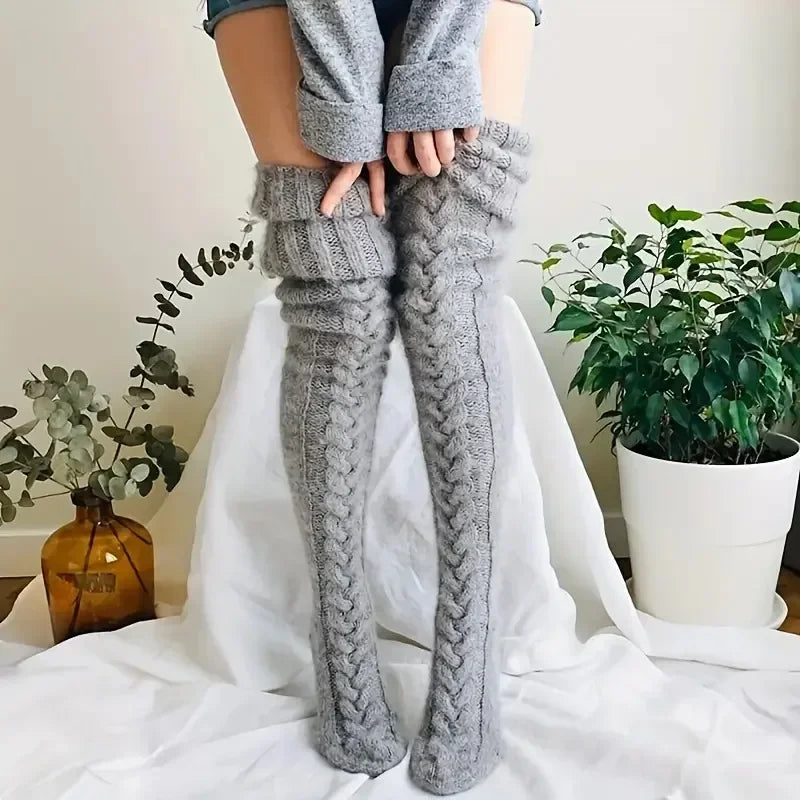 TRALOW Women's Thigh High Socks Over the Knee Cable Knit Boot Socks, Long Warm Fashion Leg Warmers Winter For Party Cosplay Yoga