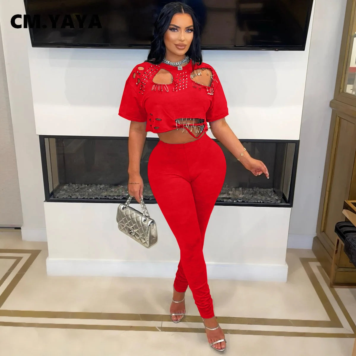 CM.YAYA Fashion Women's Set Hollow Out Hole Pin Short Sleeve T-shirt and Legging Pants 2025 Two 2 Piece Set Outfit Tracksuit