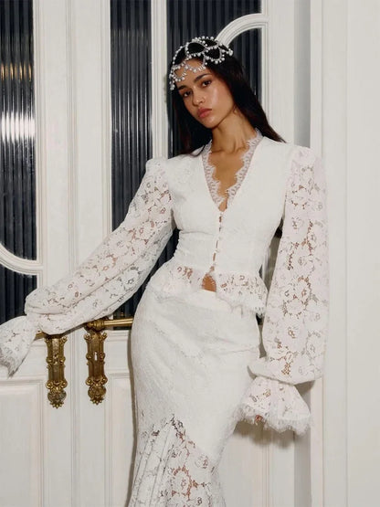 White Lace Patchwork Long Skirt Set Women Chic Full Flared Sleeves V-neck Slim Cropped Sets 2026 Lady Spring Evening Party Wear
