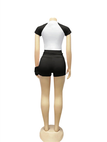 Weird  Puss Sporty Patchwork 3 Piece Set Women Casual Summer Headband+Crop Top+High Waist Bike Shorts Street Matching Tracksuit