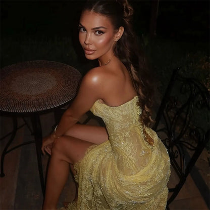 EDECPBM Lace Evening Dresses فساتين سهرة Vestidos De Festa Customized Yellow Mermaid Beautiful Prom Dresses Store Sexy 2025