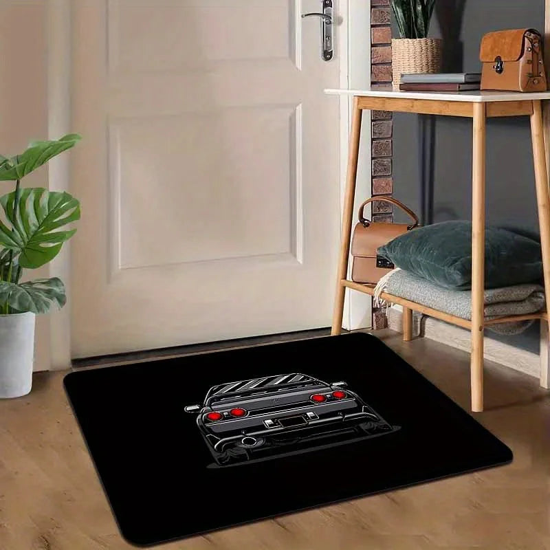 Black Sports Car GTR Flannel Rug JDM Style Floor Mat Non-slip Carpet for Living Room Bedroom Gamer Room Home Decor