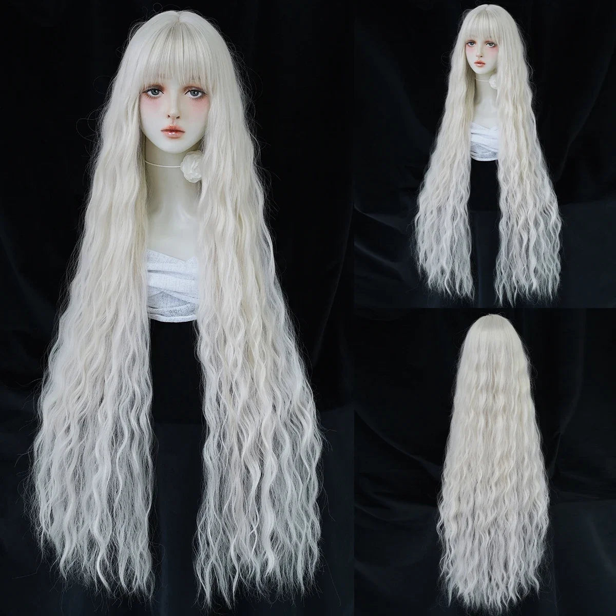 PARK YUN Extra Long Blonde Cosplay Wigs With Bangs Loose Long Curly Blonde Lolita Wig Synthetic Heat Resistant  Wig 44 Inch