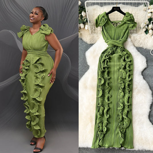 High End Light Luxury Women's Pleated Three-dimensional Ruffle Edge Slim Fit Dress 2025