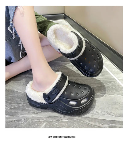 Plush slippers 2025 new winter men's and women's thick high heels soft-soled beach garden shoes home plush ripped slippers
