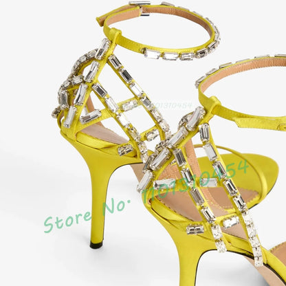 Yellow Crystal Cage Satin Sandals Women Luxury Cross Strap Cover Heel Stiletto Sandals Summer Elegant Ladies Outfit Party Shoes