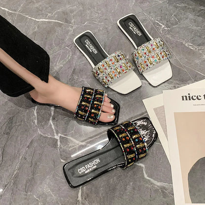Slippers for Women Shiny Rhinestone Sandals Women Outdoor Beach Casual Shoes Sexy Fashion Big Size Flat Shoes Sandalias De Mujer