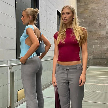 Short Sleeve Backless Tops Women Multi Ways Wear 2025 Skinny Basic Summer Slim Cropped Cut Out Sexy T Shirt Crop Top