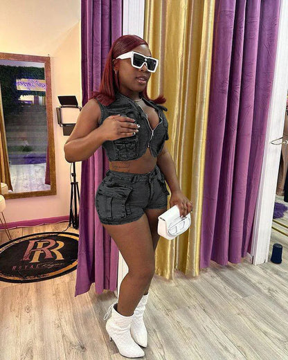 Multi Pockets Jeans Shorts Outfit Set Sexy Women Elegant Two Pieces Denim Club Matching Set Top+Shorts