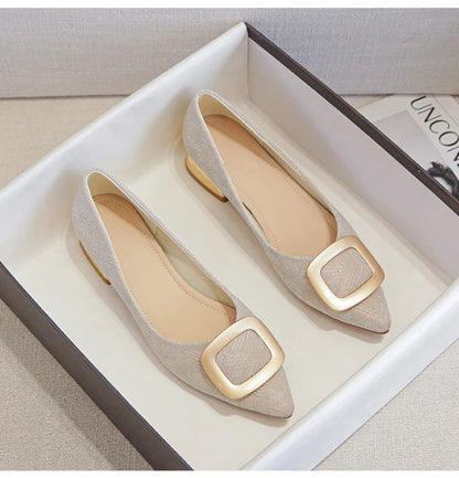 Womens Light Blue Glitter Pointed Toe Block Heel Pumps With Gold Square Buckle Detail Metallic Heel Elegant Dress Shoes Ladies
