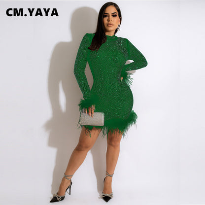 CM.YAYA Elegant Hot Rhinestones Diamonds Crystal Women Fur Hem Long Sleeve Bodycon Midi Dress Chic Party Club Even Prom Dresses