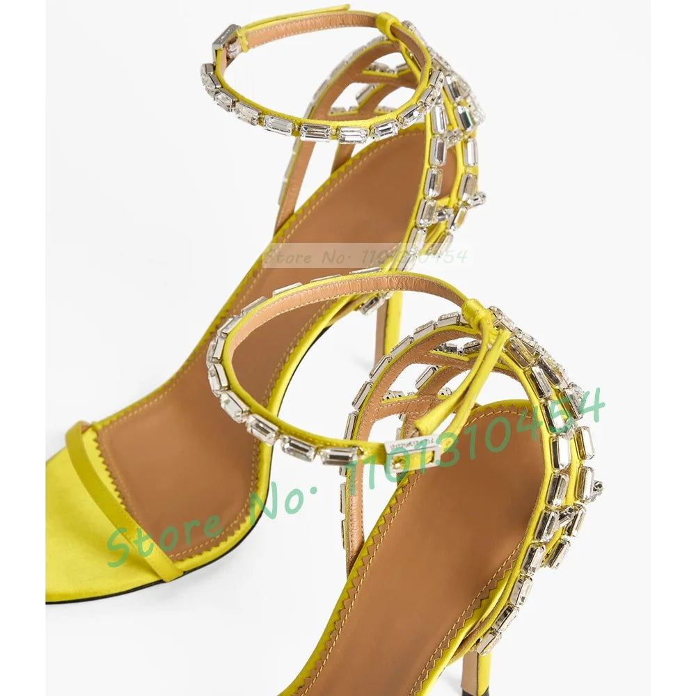 Yellow Crystal Cage Satin Sandals Women Luxury Cross Strap Cover Heel Stiletto Sandals Summer Elegant Ladies Outfit Party Shoes