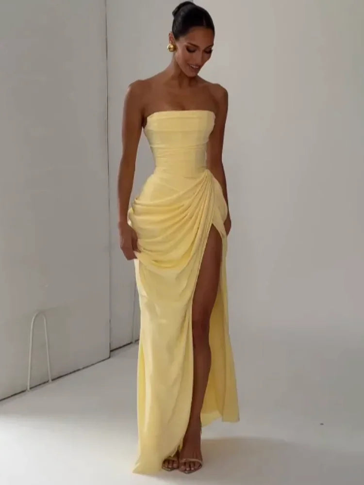 Elegant Yellow Strapless Pleated Dress Women Chic Sleeveless Waist Cinching Split Maxi Gowns 2026 Summer Lady Evening Party Robe