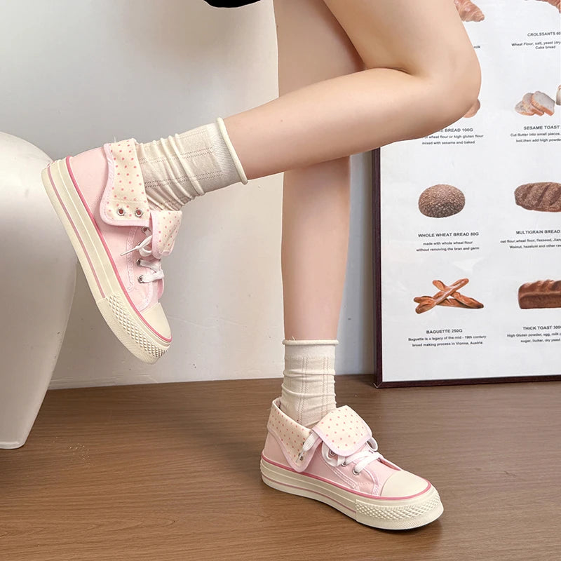 New High Help Canvas Shoes Dots Women's Casual Shoes Woman Vulcanize Sneakers Comfortable Sport Walking Platform Flats Shoes 015