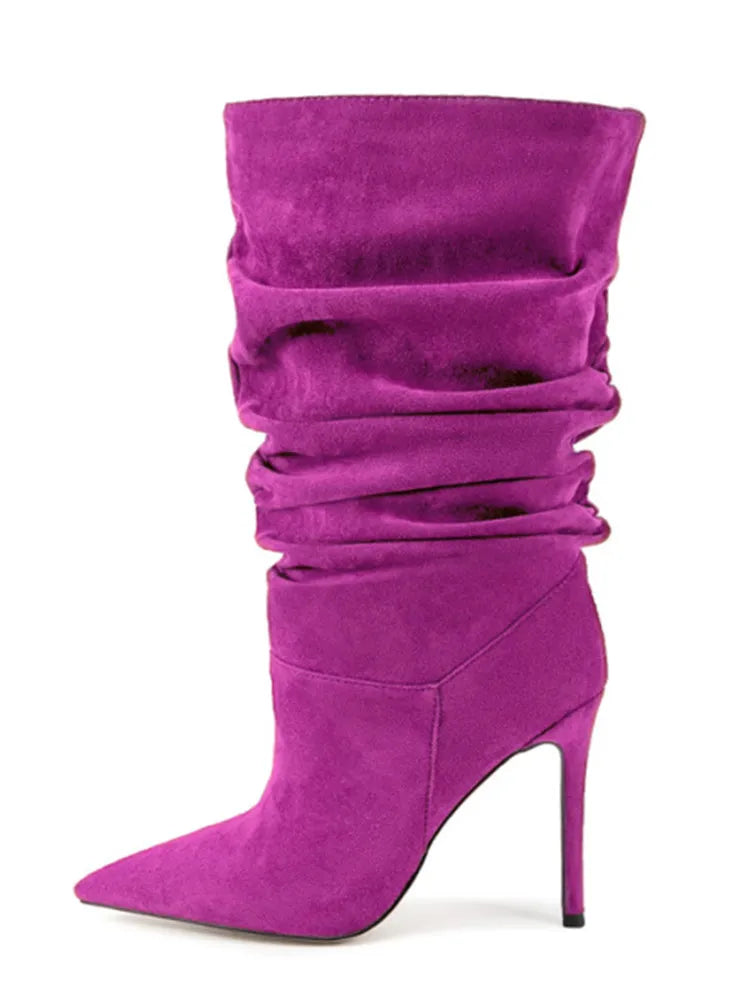 2025Women's Autumn and Winter New Pleated High-heeled Short Boots with Pointed Sleeves, Women's 35-47 Large Mid Length Boots
