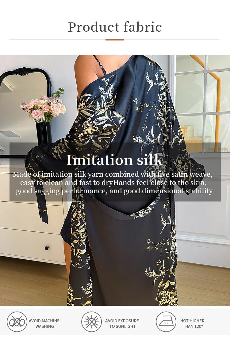 Summer New Women 2PCS Robe Set Nightgown Print Flower Kimono Bathrobe Gown Plus Size Silk Satin Sleepwear Loungewear Home Dress