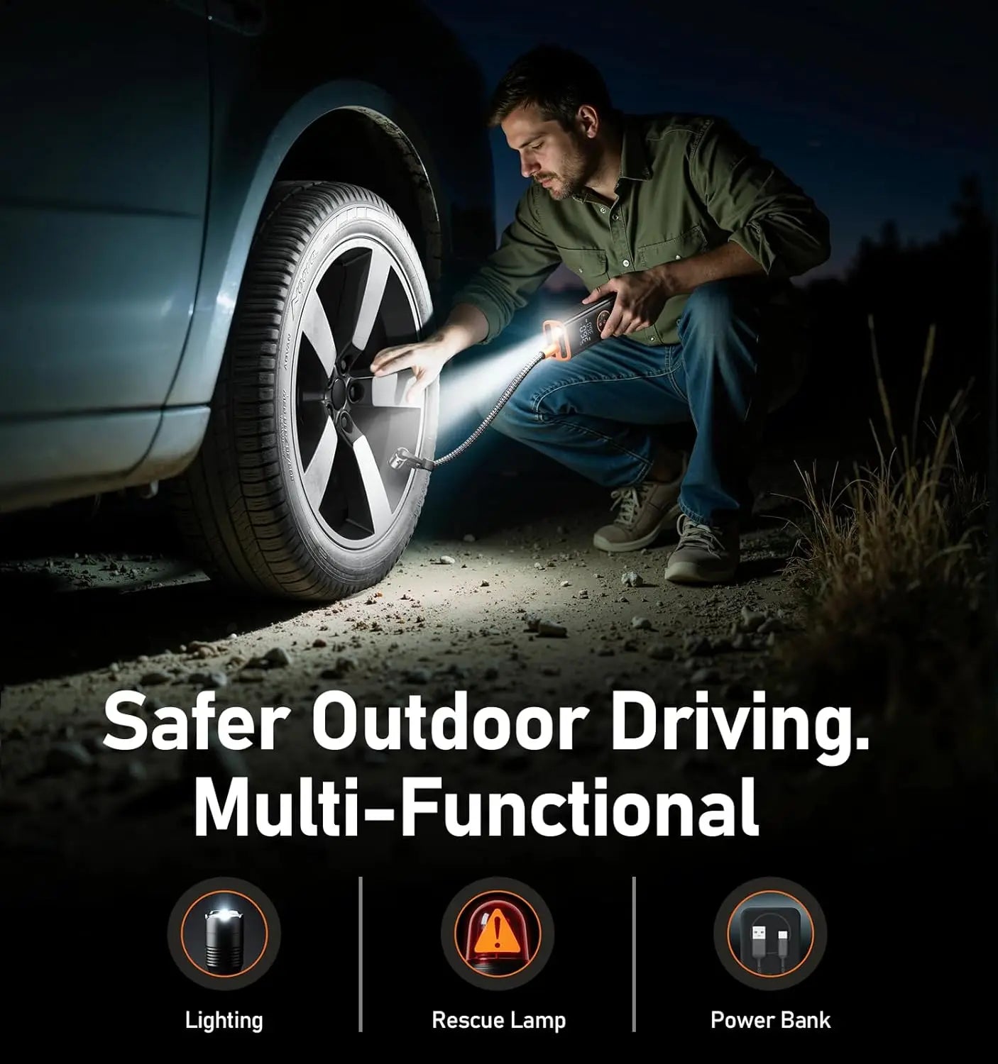Tire inflator with digital pressure gauge and automatic power-off function, equipped with battery and 12V car adapter