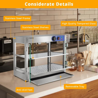 Food Warmer Display Pizza Warmer, Commercial Countertop Food Warmer Electric with Removable Shelves LED Lighting Glass Door, Pa