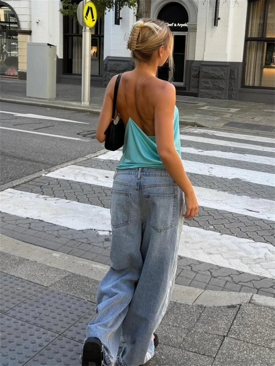Weird Puss Hottie Backless Tank Top Women Sexy Cross Ruched Patchwork Sleeveless Stretch Wild Trend Midnight Street Club Vest
