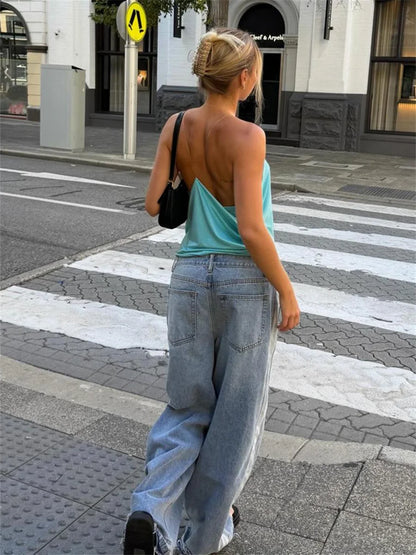 Weird Puss Hottie Backless Tank Top Women Sexy Cross Ruched Patchwork Sleeveless Stretch Wild Trend Midnight Street Club Vest