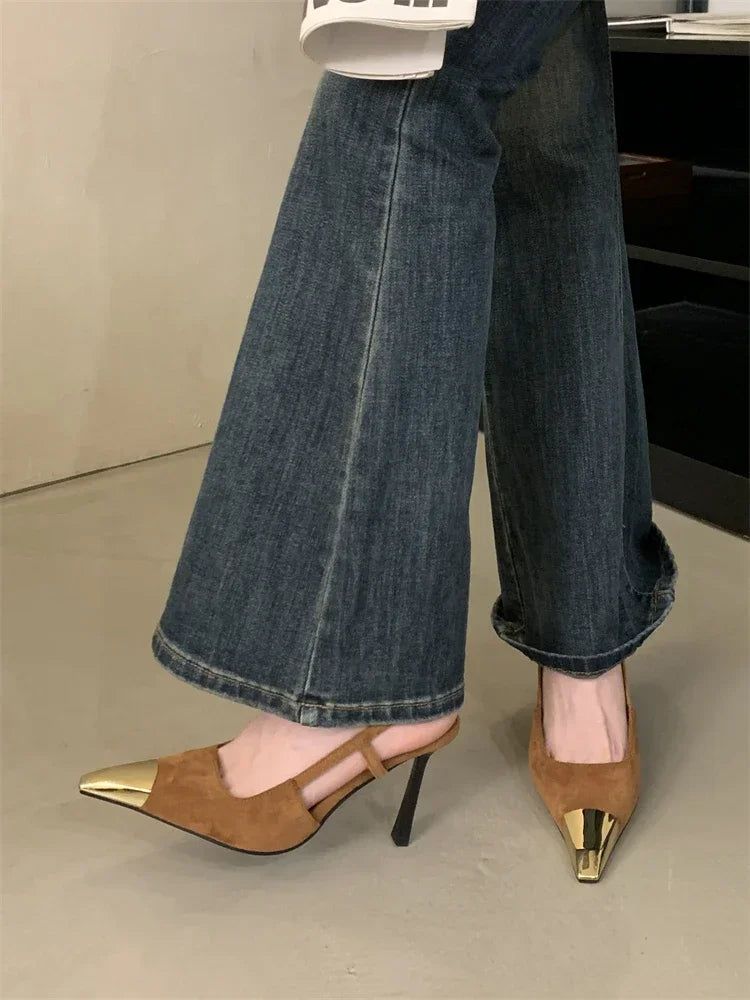 Street Style Pointed Toe Women Pumps Fashion Slingbacks Thin High Heels Elegant Stripper Prom Ladies Sandals Shoes