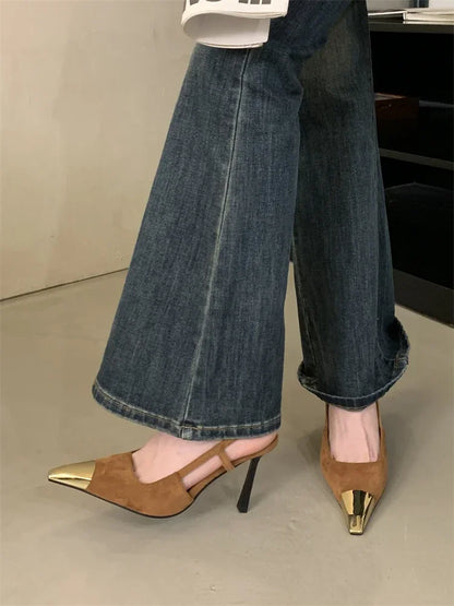 Street Style Pointed Toe Women Pumps Fashion Slingbacks Thin High Heels Elegant Stripper Prom Ladies Sandals Shoes