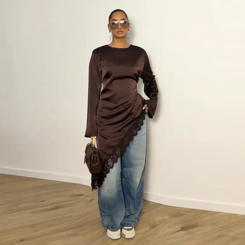 Tie Up Lace Women's Top Sexy O-neck Patchwork Irregular Full Sleeves Blouse Female 2026 Spring Fashion All Match Woman Shirts
