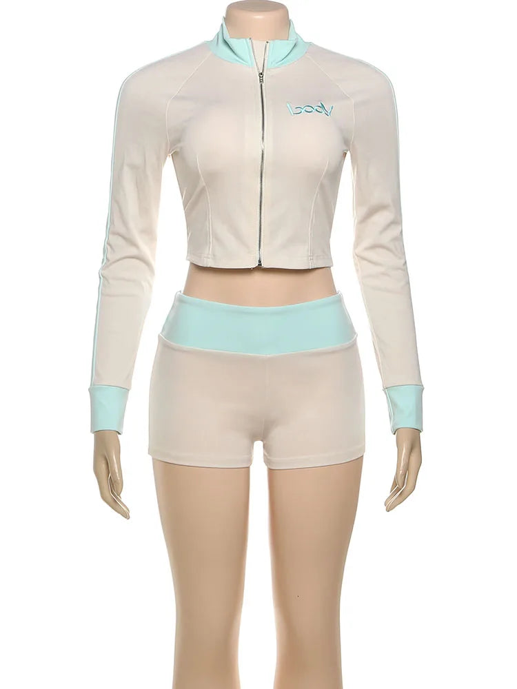 Nibber Embroidery Letter Patchwork Women 2 Piece Set Zip Crop Jacket+Mini Shorts Stretch Casual Street Sporty Hipster Outfits