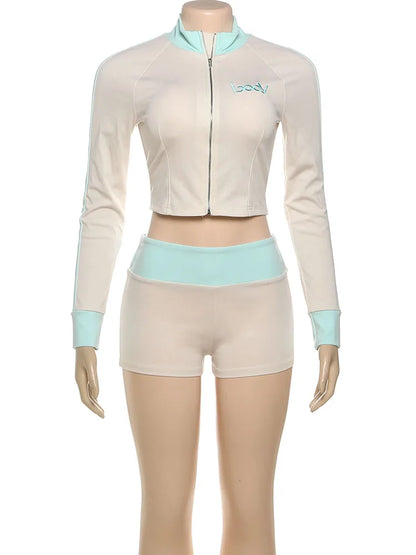 Nibber Embroidery Letter Patchwork Women 2 Piece Set Zip Crop Jacket+Mini Shorts Stretch Casual Street Sporty Hipster Outfits
