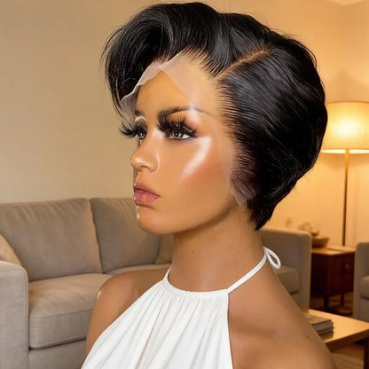 Human Hair 13x4 Short Pixie Cut Lace Front Wig for Women Black Pixie Cut Transparent Frontal Wig Layered Straight Pixie Cut Wigs