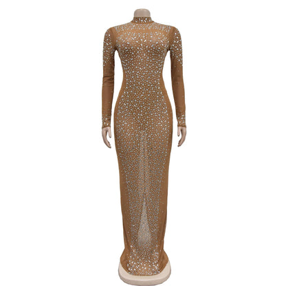 Party Dress Women Floor Length Dresses Vestidos Hot Drilling Evening Bodycon Square Collar Prom High Waist Evening Night 2025