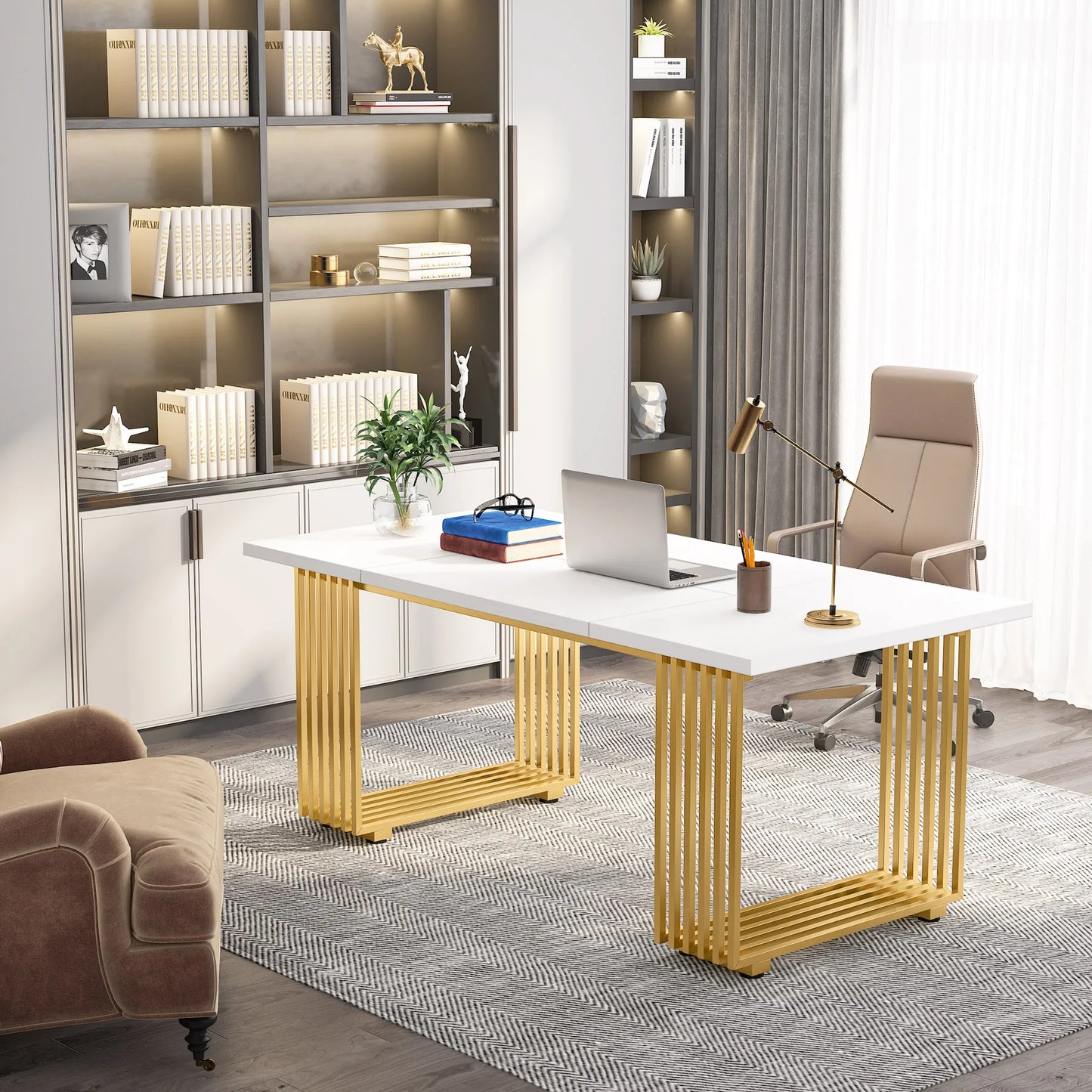 Tribesigns Modern Office Desk, 70.9" Wooden Computer Desk,Executive Desk with Gold Metal Legs, Large Workstation Home Office