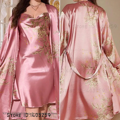 Summer New Women 2PCS Robe Set Nightgown Print Flower Kimono Bathrobe Gown Plus Size Silk Satin Sleepwear Loungewear Home Dress