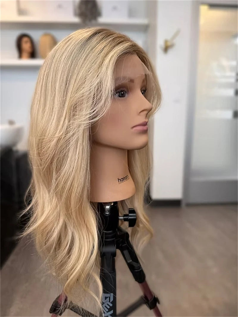 Trendy Wigs Free Part Ombre Golden Blonde Highlights Synthetic HD Lace Front Wig Preplucked Hairline High Quality Wig for Women