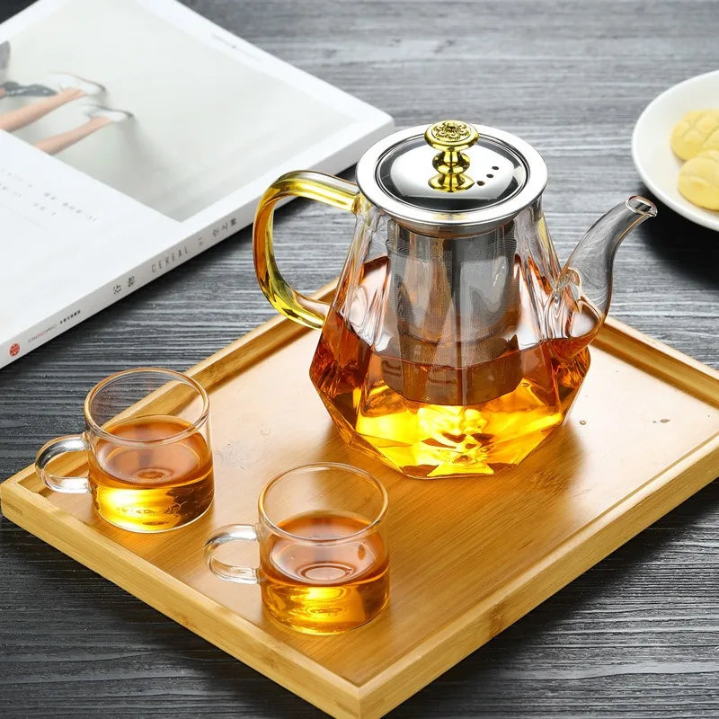 JUSTINLAU Glass Teapot Heat Resistant Borosilicate Clear Diamond Tea Kettles with Removable Stainless Steel Infuser Teaware Set