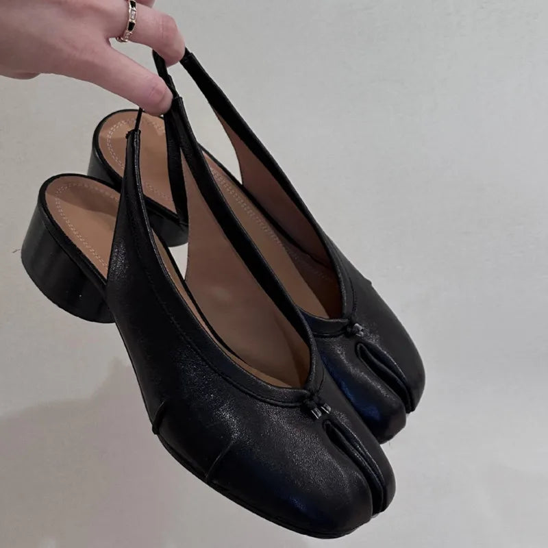 2025 Spring Summer Fashion Soft Leather Split Toe Women Pumps Casual Comfortable 3.5cm Low Heeled Slingbacks Tabi Ballet Shoes