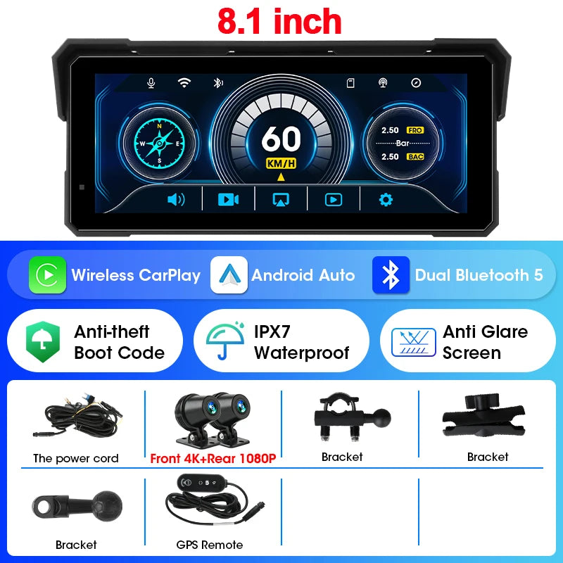 5/8.1 inch Motorcycle Carplay GPS Navigation Wireless Carplay Android Auto IPX7 Waterproof Support 4K+1080P Dual Lens DVR