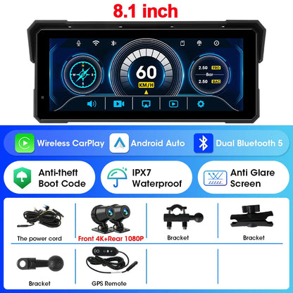5/8.1 inch Motorcycle Carplay GPS Navigation Wireless Carplay Android Auto IPX7 Waterproof Support 4K+1080P Dual Lens DVR