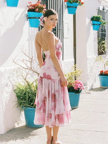 Women's Floral Halter Maxi Dress, Deep V-neck Backless Asymmetric Ruffle Hem, Suitable For Summer Vacation Beach Wear