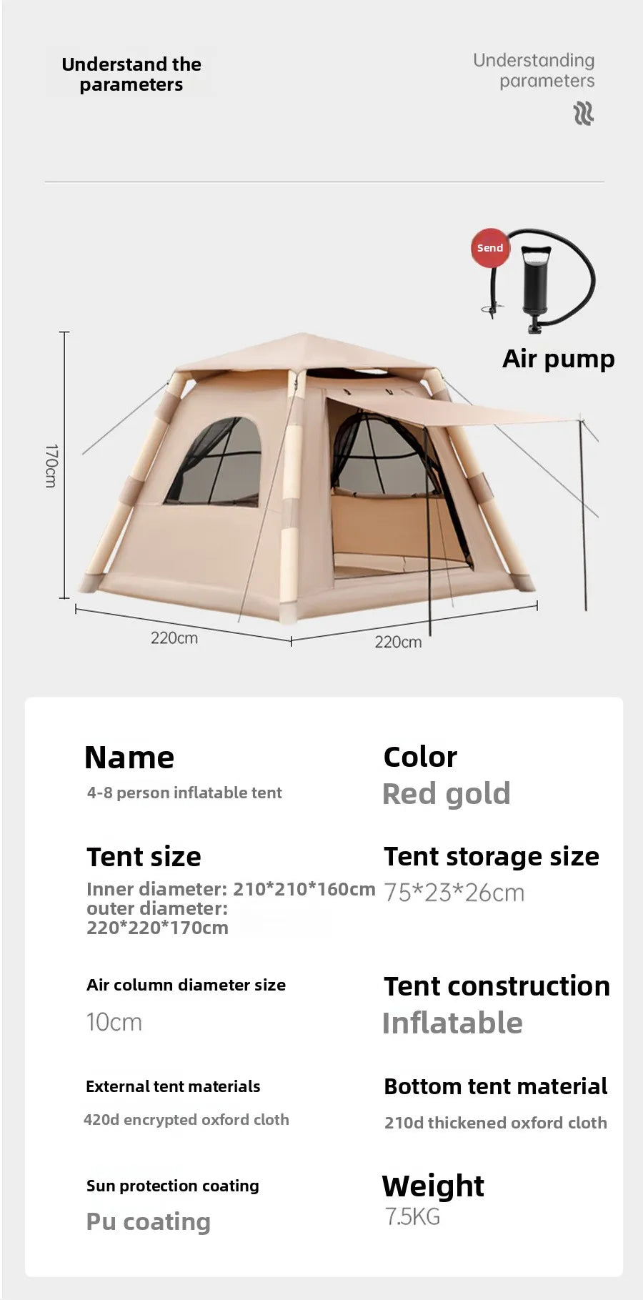 Automatic Inflatable Camping Tent 3-5 Person Waterproof UV Protection With Electric Pump Portable Outdoor Family Hiking Beach Te