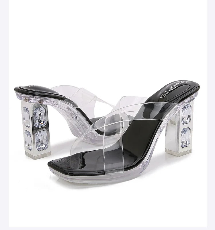2025 Red High Heels 8cm Women Shoes Rhinestone Thick Heels Square Toe Ladies Pumps Cross Tie Straps Slippers Sandals Party Shoes