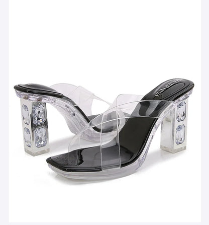 2025 Red High Heels 8cm Women Shoes Rhinestone Thick Heels Square Toe Ladies Pumps Cross Tie Straps Slippers Sandals Party Shoes
