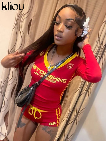 kliou Letter Print Panelled Women 2Piece Set Sporty Autumn Matching Full Sleeve Slim Tees+Bandage Shorts Female Track Streetwear