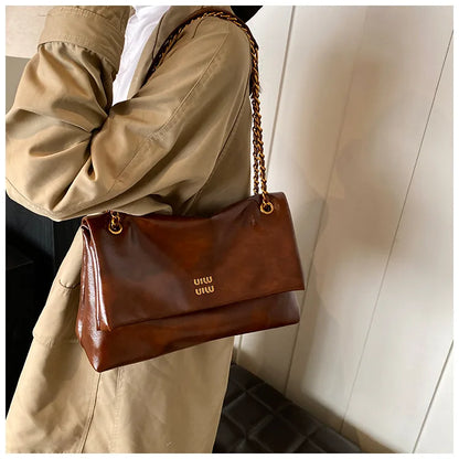 2025 Women‘s Bag Retro PU Leather Underarm Bag autumn and winter Large capacity Commuting Folded Chain Shoulder Bucket Tote Bag