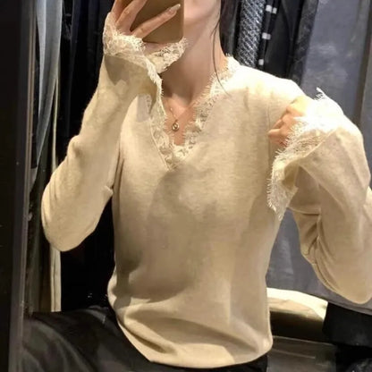 Matakawa Lace Ruffles Woman Sweaters V Neck Autumn Winter Flare Sleeve Solid Pullovers Korean Fashion Elegant Pull Femme