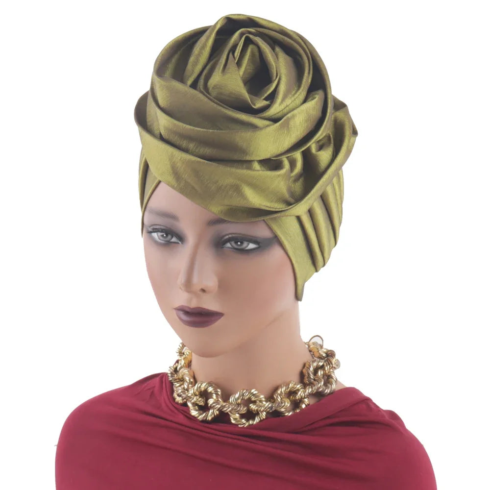 Raw Silk Big Rose Flower African Turban Caps for Women Headwear Head Wraps Nigerian Wedding Geles Party Headgear Bonnet
